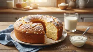 Ciambella allo yogurt soffice con zucchero a granella su un tavolo rustico