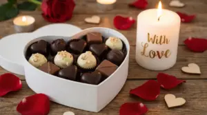 Scatola a forma di cuore con cioccolatini assortiti su tavolo decorato per San Valentino