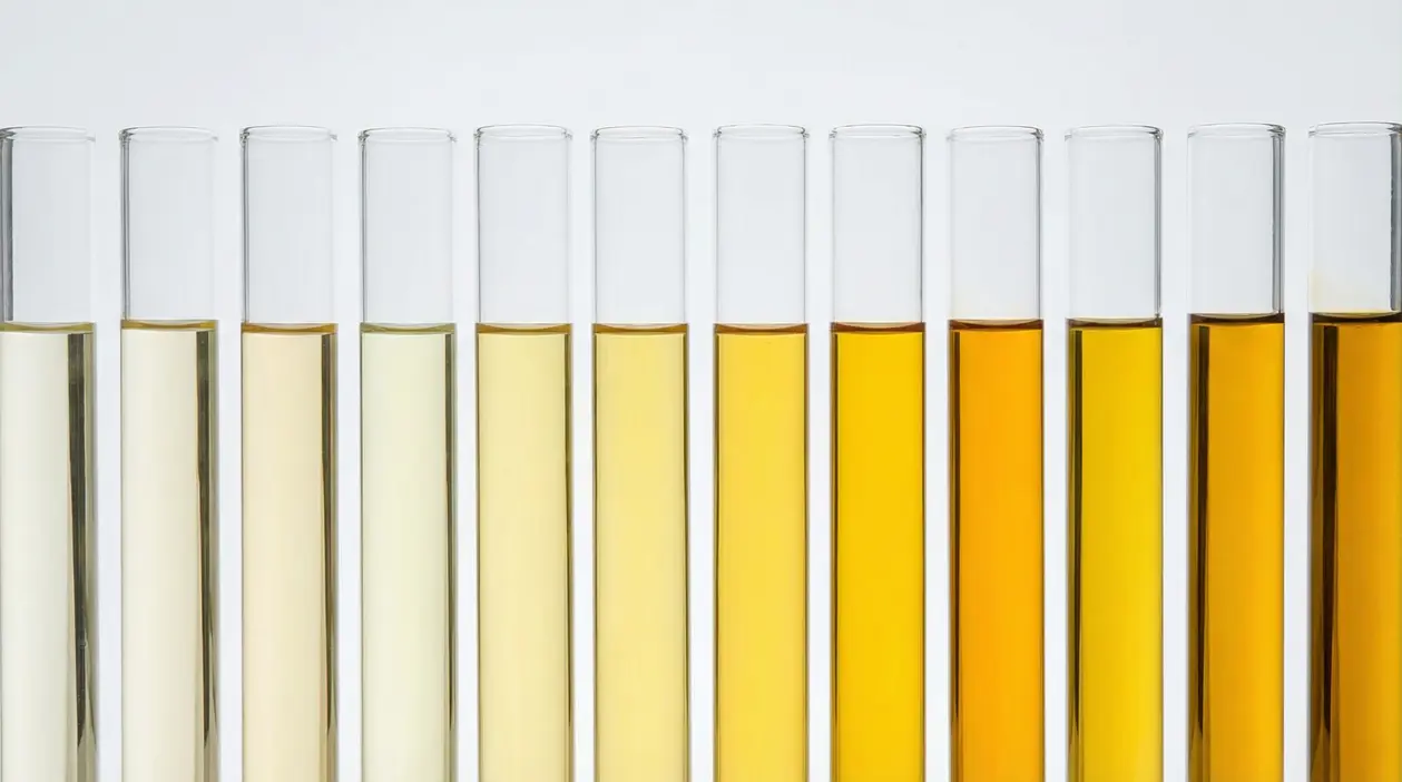 Provette con liquidi di diversi colori gialli su sfondo chiaro