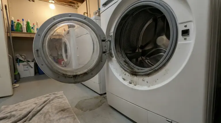 Oblò aperto di una lavatrice con evidenti segni di muffa e umidità