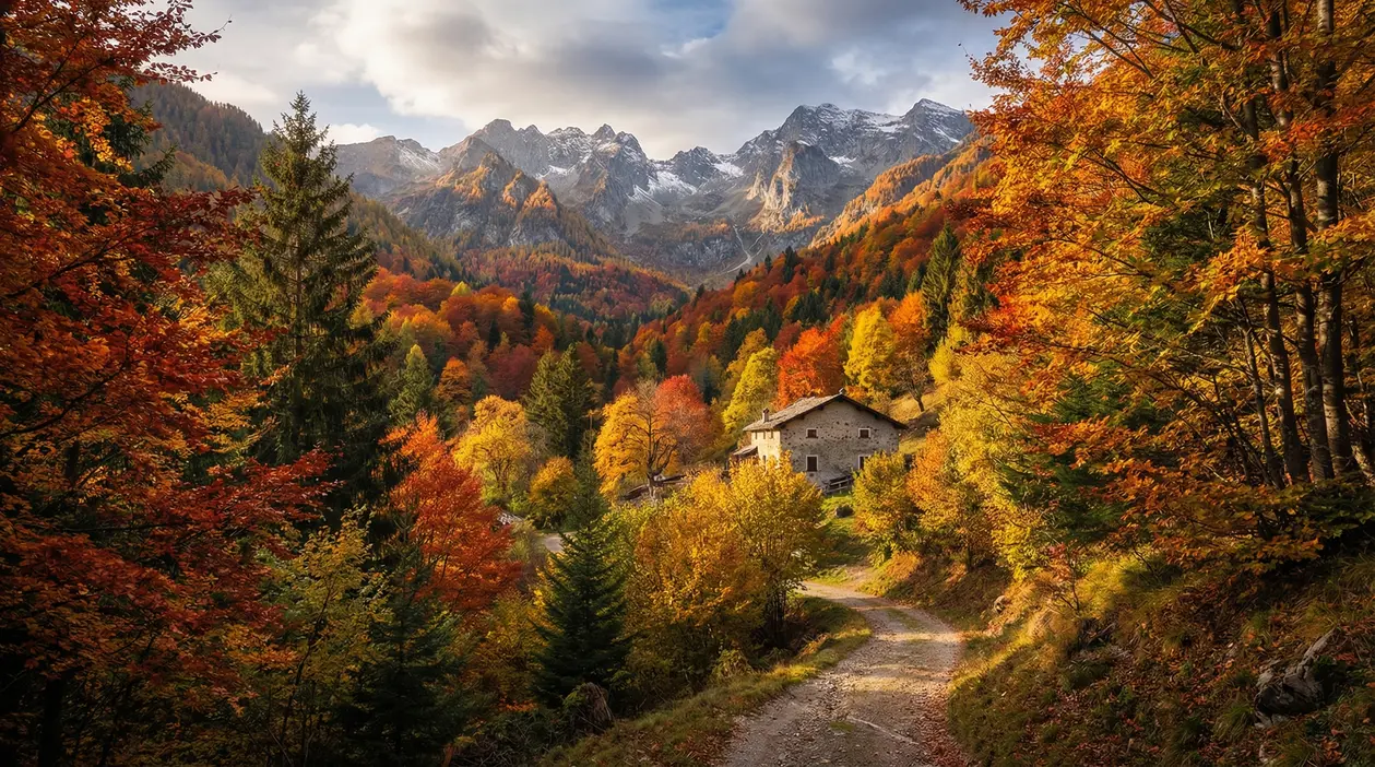 Sentiero di montagna tra alberi dai colori autunnali con baita e vette innevate sullo sfondo