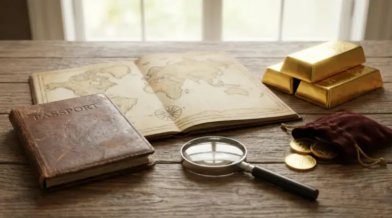 Lingotti d'oro, monete, passaporto e mappa su un tavolo in legno