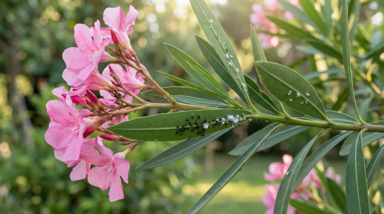 Ramo di oleandro con fiori rosa e presenza di insetti sulle foglie