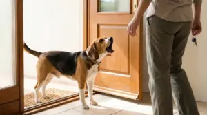 Cane abbaia vicino alla porta mentre una persona sta per uscire di casa