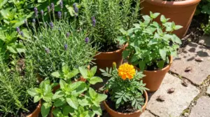 Vasi con piante aromatiche e fiori posizionati su un vialetto con alcune cimici visibili