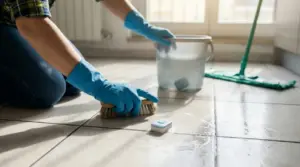 Persona che pulisce le piastrelle del pavimento con una spazzola e una pastiglia per lavastoviglie