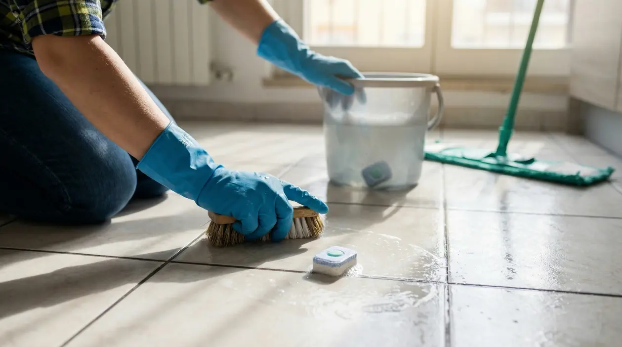Persona che pulisce le piastrelle del pavimento con una spazzola e una pastiglia per lavastoviglie