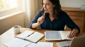 Una persona riflette davanti a un taccuino e un tablet su un tavolo da lavoro