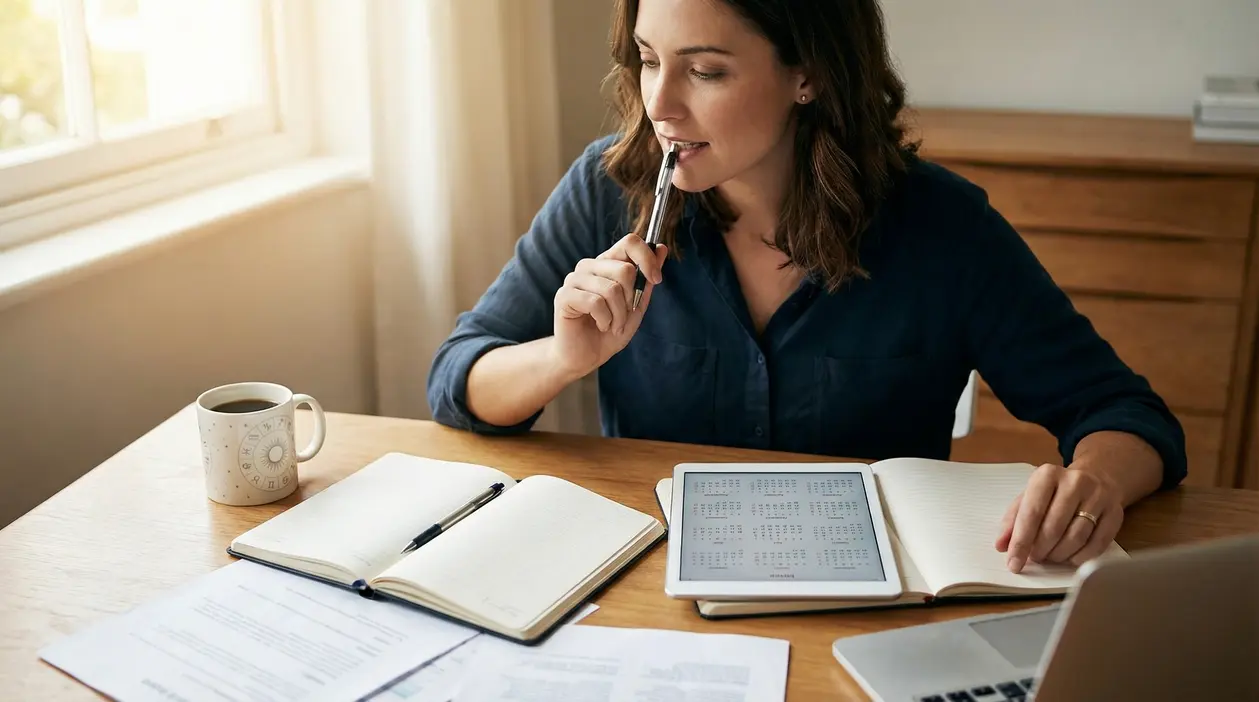 Una persona riflette davanti a un taccuino e un tablet su un tavolo da lavoro