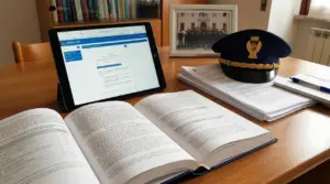 Scrivania con libri di studio, tablet con banca dati, cappello della Polizia e documenti.