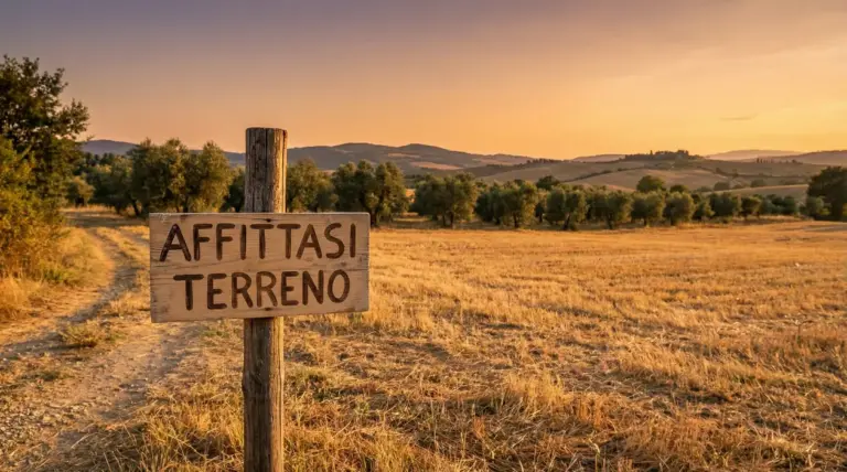 Cartello con scritto 'Affittasi terreno' in un campo agricolo al tramonto