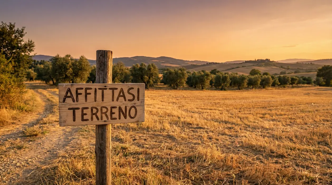 Cartello con scritto 'Affittasi terreno' in un campo agricolo al tramonto