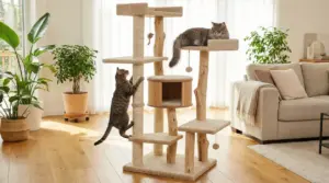 Due gatti giocano su un tiragraffi in legno in un salotto luminoso