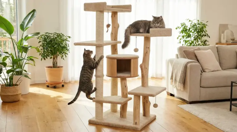 Due gatti giocano su un tiragraffi in legno in un salotto luminoso