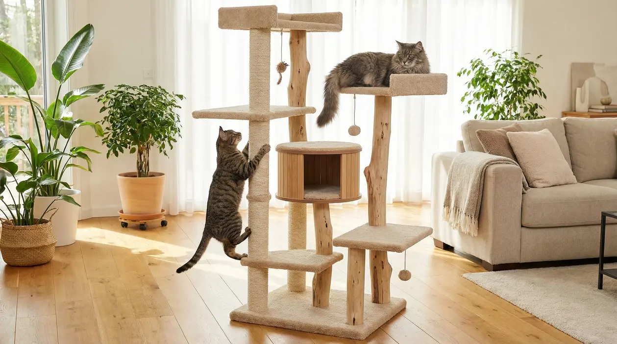 Due gatti giocano su un tiragraffi in legno in un salotto luminoso